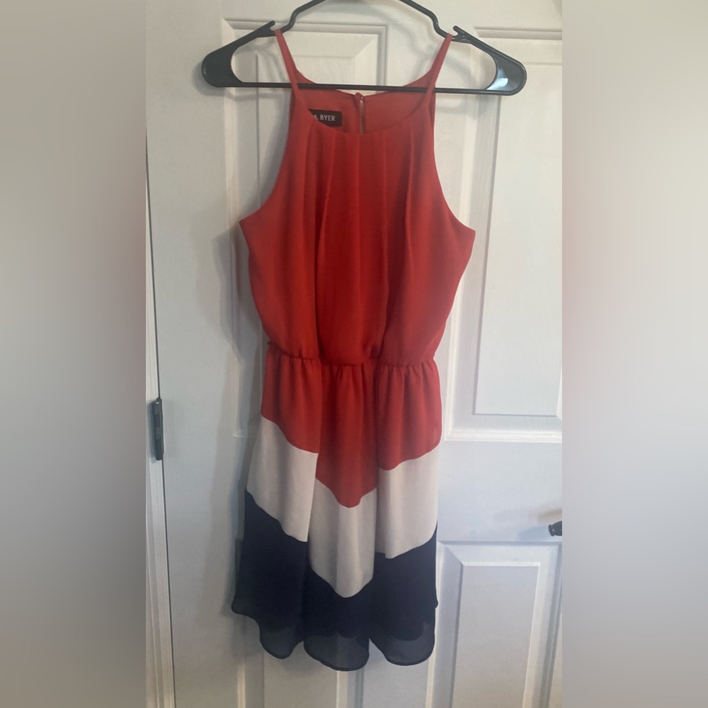 A. Byer Orange, White, and Navy Colorblock Dress